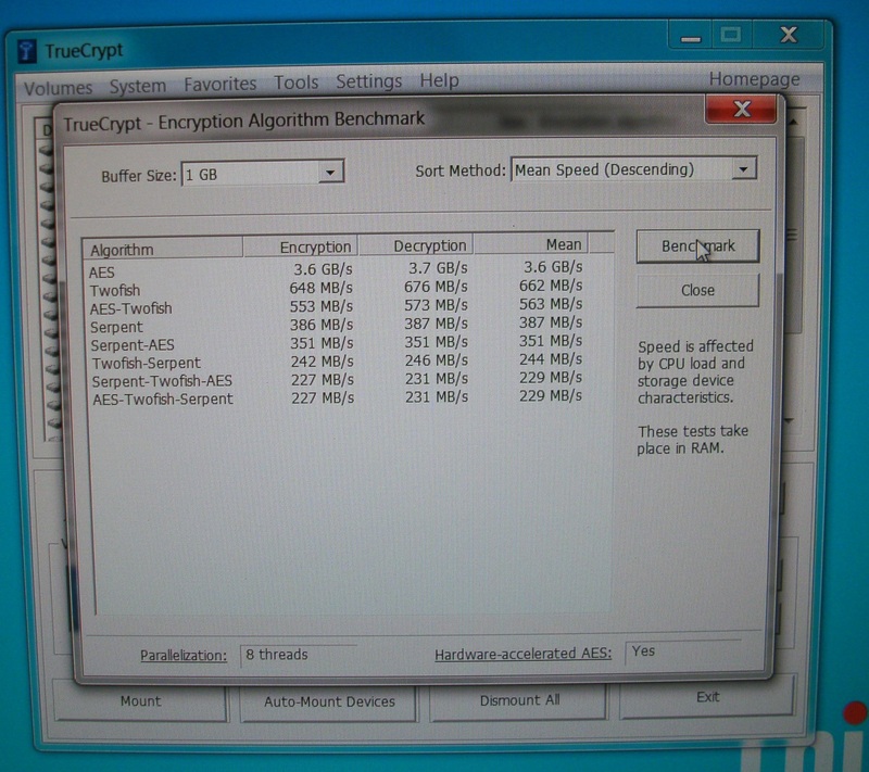 Umbau eines Lenovo ThinkPad W530 Workstation-Notebooks #14 - Erster Benchmark: TrueCrypt mit Hardware-AES-Beschleunigung. Für eine Notebook-CPU wahnsinnig gute Werte.